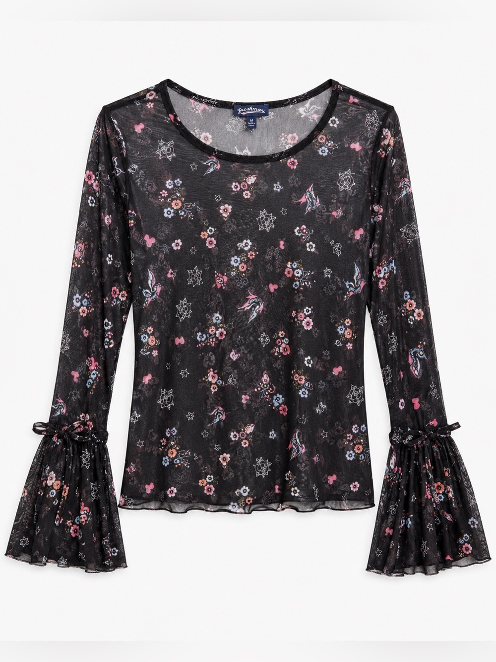 Freshman Sheer Mesh Bell Sleeve Floral Bird Print Top Size M